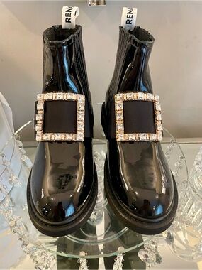 Black Patent Jewel-Buckle Chelsea Boots - Women